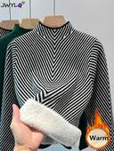 Stripe Plus Samta Džemperi Sieviešu Ziemas Silti Adīti Puloveri Korejiešu modes flīsa oderēti Trikotāžas izstrādājumi Ikdienas topi ar apakšu Jauns