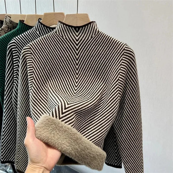 Кадифени пуловери Stripe Plus за дамски зимни топли плетени пуловери Корейска мода Трикотаж с поларена подплата Ежедневни горнища с дъно Нови