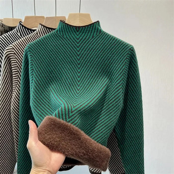 Кадифени пуловери Stripe Plus за дамски зимни топли плетени пуловери Корейска мода Трикотаж с поларена подплата Ежедневни горнища с дъно Нови