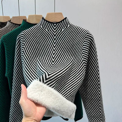 Stripe Plus Samta Džemperi Sieviešu Ziemas Silti Adīti Puloveri Korejiešu modes flīsa oderēti Trikotāžas izstrādājumi Ikdienas topi ar apakšu Jauns