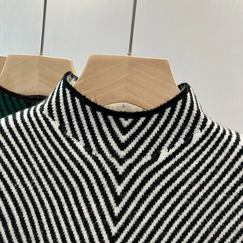 Stripe Plus Samta Džemperi Sieviešu Ziemas Silti Adīti Puloveri Korejiešu modes flīsa oderēti Trikotāžas izstrādājumi Ikdienas topi ar apakšu Jauns