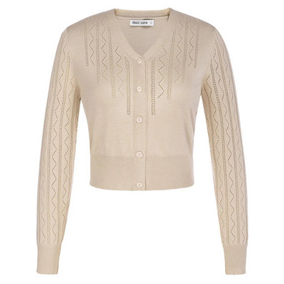 GRACE KARIN Sieviešu apgriezts jakas V veida kakla izgriezums, poga uz leju, atvērta priekšpusē, rievota trikotāža paraustīt plecus Viegli trikotāžas topi Džemperis A30