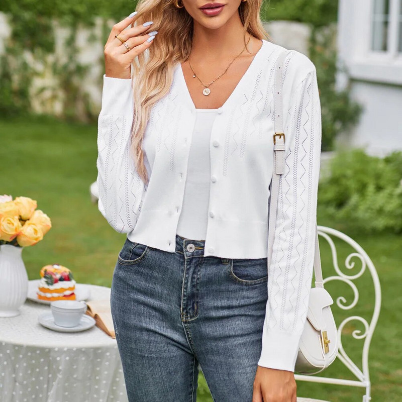 GRACE KARIN Sieviešu apgriezts jakas V veida kakla izgriezums, poga uz leju, atvērta priekšpusē, rievota trikotāža paraustīt plecus Viegli trikotāžas topi Džemperis A30