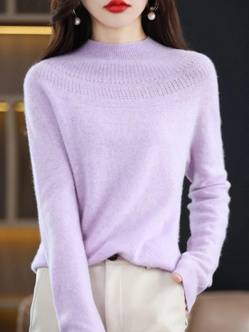 Нов елегантен есенно-зимен пуловер от 100% мериносова вълна за жени, кашмирен трикотаж с куха кашмирена горна част от основното облекло