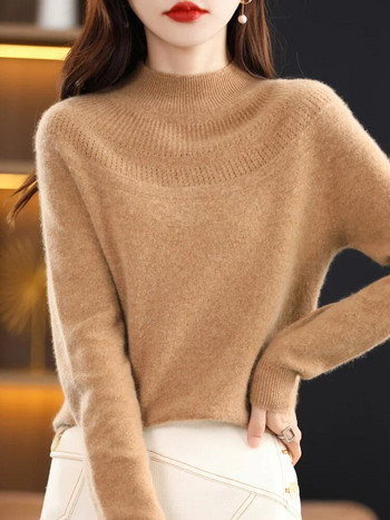 Нов елегантен есенно-зимен пуловер от 100% мериносова вълна за жени, кашмирен трикотаж с куха кашмирена горна част от основното облекло