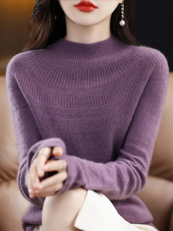 Νέο κομψό φθινοπωρινό χειμωνιάτικο πουλόβερ πουλόβερ από 100% μαλλί Merino για γυναίκες Πλεκτά γυναικεία βασικά ρούχα από κασμίρ με κούφιο λαιμόκοψη