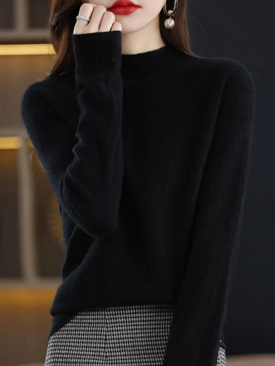 Jauns šiks rudens ziemas 100% merino vilnas džemperis sievietēm ar dobu kakla izgriezumu kašmira trikotāžas sieviešu pamata apģērbu tops