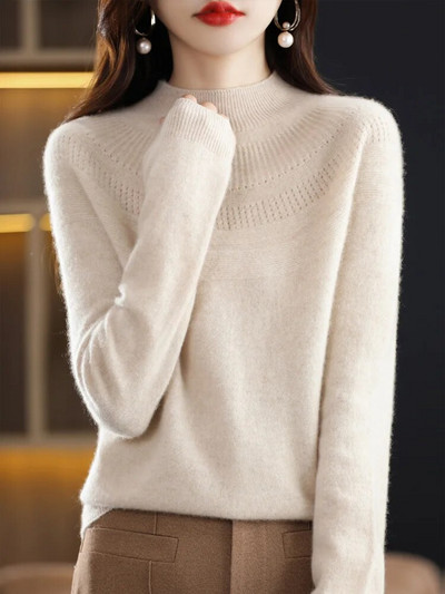 Jauns šiks rudens ziemas 100% merino vilnas džemperis sievietēm ar dobu kakla izgriezumu kašmira trikotāžas sieviešu pamata apģērbu tops