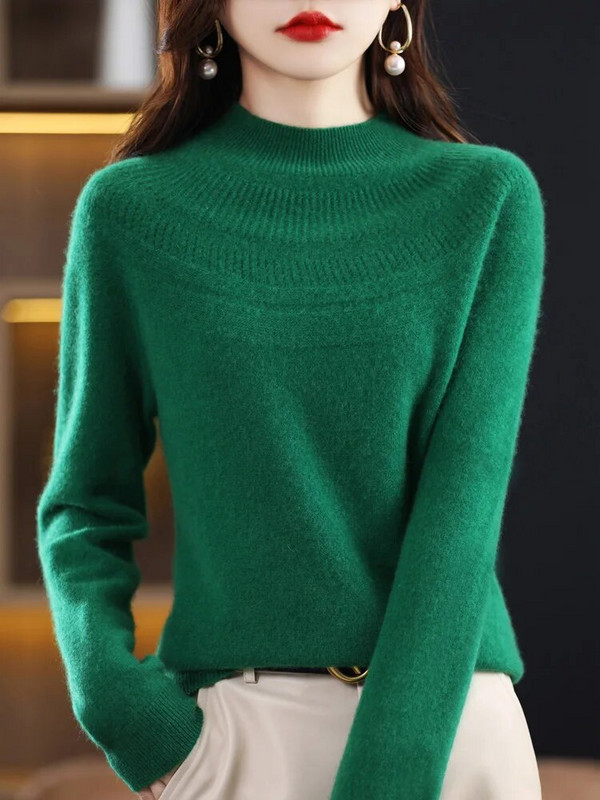 Jauns šiks rudens ziemas 100% merino vilnas džemperis sievietēm ar dobu kakla izgriezumu kašmira trikotāžas sieviešu pamata apģērbu tops