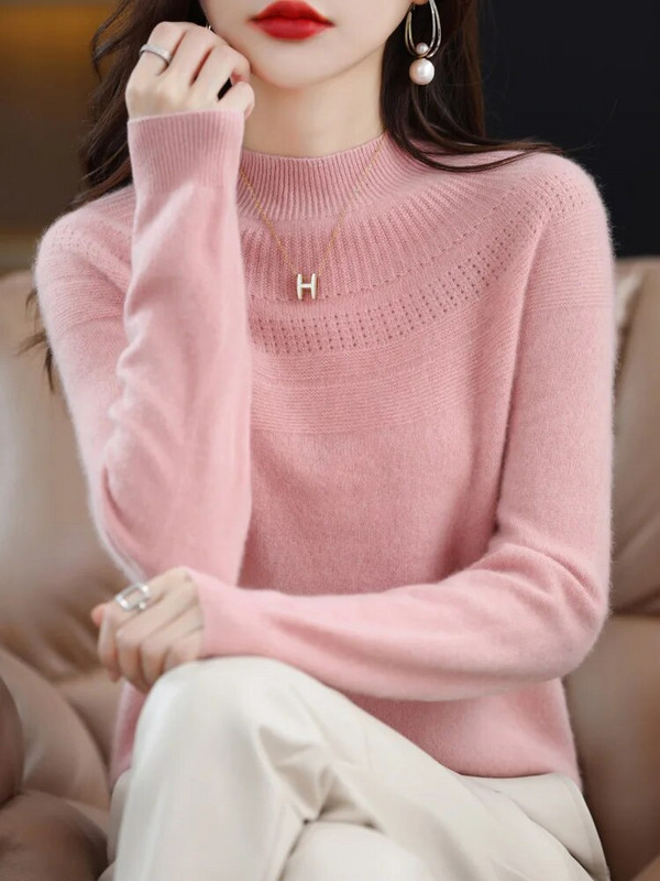 Jauns šiks rudens ziemas 100% merino vilnas džemperis sievietēm ar dobu kakla izgriezumu kašmira trikotāžas sieviešu pamata apģērbu tops