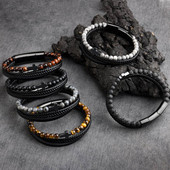 Krusta vīrieša rokassprādze Dabīgā akmens krelles īstas ādas pītas nerūsējošā tērauda 3 regulējamas magnēta aizdares rokassprādzes vīriešiem dāvana