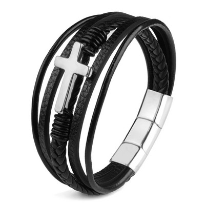 Krusta vīrieša rokassprādze Dabīgā akmens krelles īstas ādas pītas nerūsējošā tērauda 3 regulējamas magnēta aizdares rokassprādzes vīriešiem dāvana