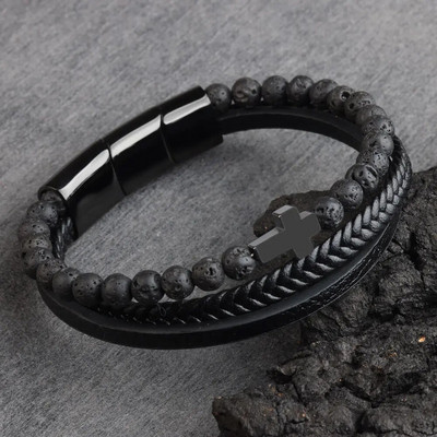 Krusta vīrieša rokassprādze Dabīgā akmens krelles īstas ādas pītas nerūsējošā tērauda 3 regulējamas magnēta aizdares rokassprādzes vīriešiem dāvana