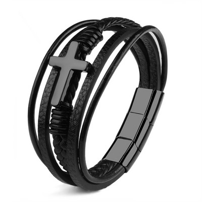 Krusta vīrieša rokassprādze Dabīgā akmens krelles īstas ādas pītas nerūsējošā tērauda 3 regulējamas magnēta aizdares rokassprādzes vīriešiem dāvana