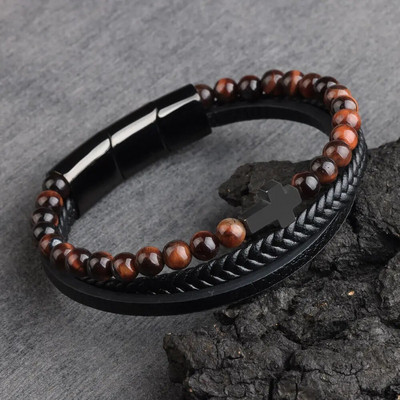 Krusta vīrieša rokassprādze Dabīgā akmens krelles īstas ādas pītas nerūsējošā tērauda 3 regulējamas magnēta aizdares rokassprādzes vīriešiem dāvana