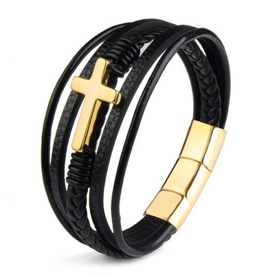 Krusta vīrieša rokassprādze Dabīgā akmens krelles īstas ādas pītas nerūsējošā tērauda 3 regulējamas magnēta aizdares rokassprādzes vīriešiem dāvana