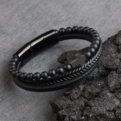 Krusta vīrieša rokassprādze Dabīgā akmens krelles īstas ādas pītas nerūsējošā tērauda 3 regulējamas magnēta aizdares rokassprādzes vīriešiem dāvana