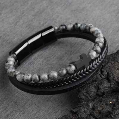 Krusta vīrieša rokassprādze Dabīgā akmens krelles īstas ādas pītas nerūsējošā tērauda 3 regulējamas magnēta aizdares rokassprādzes vīriešiem dāvana