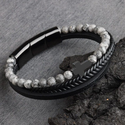 Krusta vīrieša rokassprādze Dabīgā akmens krelles īstas ādas pītas nerūsējošā tērauda 3 regulējamas magnēta aizdares rokassprādzes vīriešiem dāvana