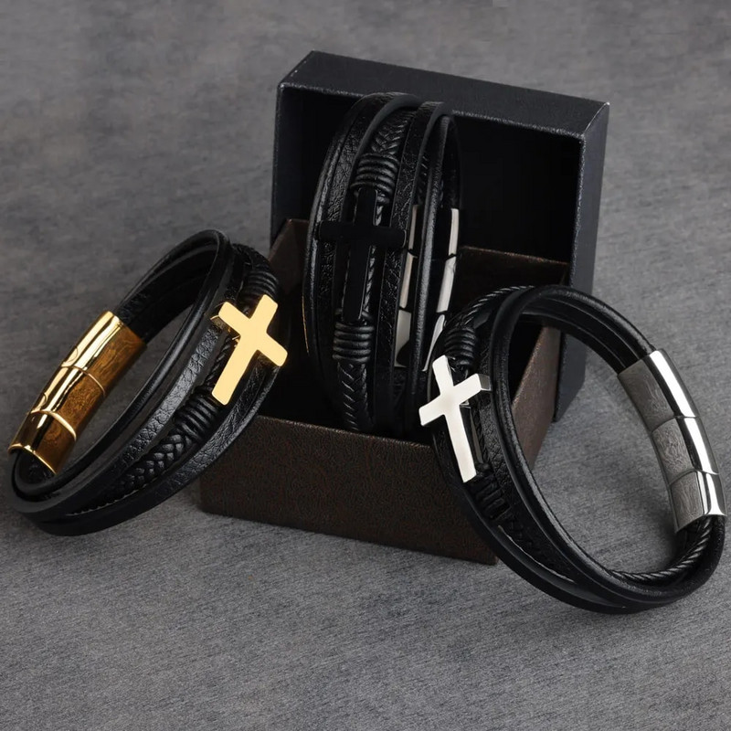 Krusta vīrieša rokassprādze Dabīgā akmens krelles īstas ādas pītas nerūsējošā tērauda 3 regulējamas magnēta aizdares rokassprādzes vīriešiem dāvana