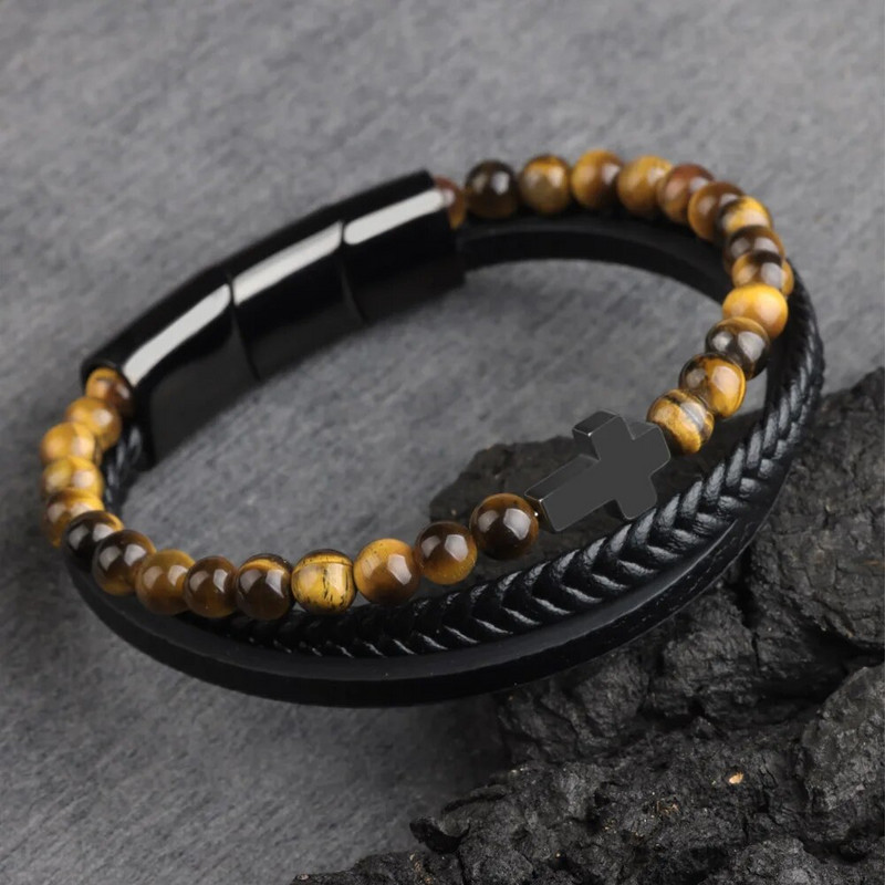 Krusta vīrieša rokassprādze Dabīgā akmens krelles īstas ādas pītas nerūsējošā tērauda 3 regulējamas magnēta aizdares rokassprādzes vīriešiem dāvana