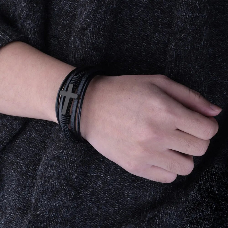 Krusta vīrieša rokassprādze Dabīgā akmens krelles īstas ādas pītas nerūsējošā tērauda 3 regulējamas magnēta aizdares rokassprādzes vīriešiem dāvana