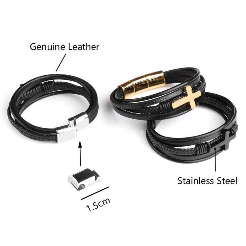 Krusta vīrieša rokassprādze Dabīgā akmens krelles īstas ādas pītas nerūsējošā tērauda 3 regulējamas magnēta aizdares rokassprādzes vīriešiem dāvana