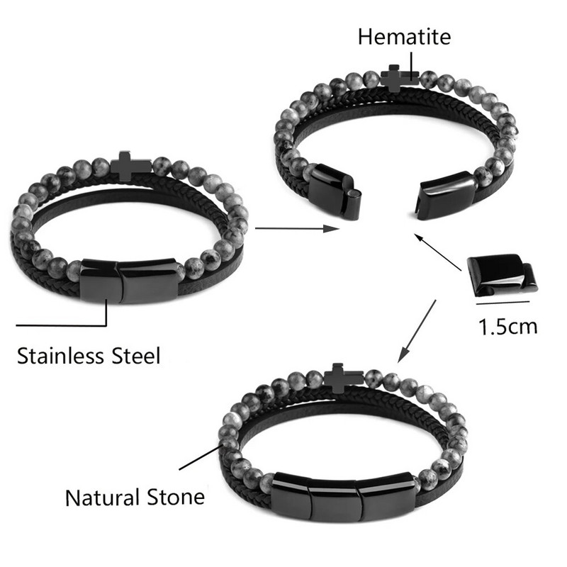 Krusta vīrieša rokassprādze Dabīgā akmens krelles īstas ādas pītas nerūsējošā tērauda 3 regulējamas magnēta aizdares rokassprādzes vīriešiem dāvana