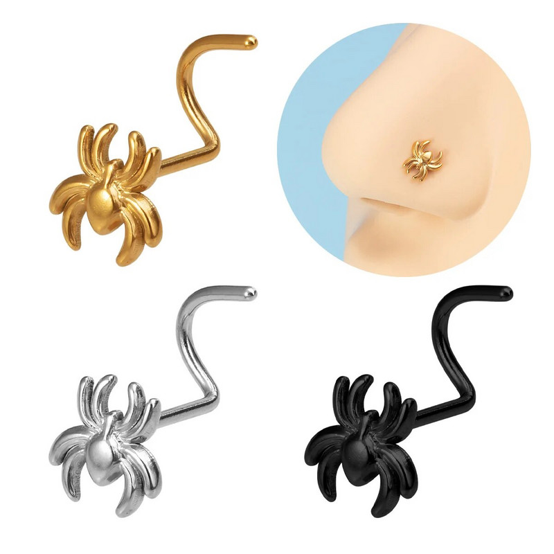 1 gab. Spider Nose Studs Deguna pīrsings sievietēm vīriešiem Nerūsējošā tērauda skrūvējams nāsis gredzens Nariz Stud melns punk ķermeņa rotaslietas dāvana 20G