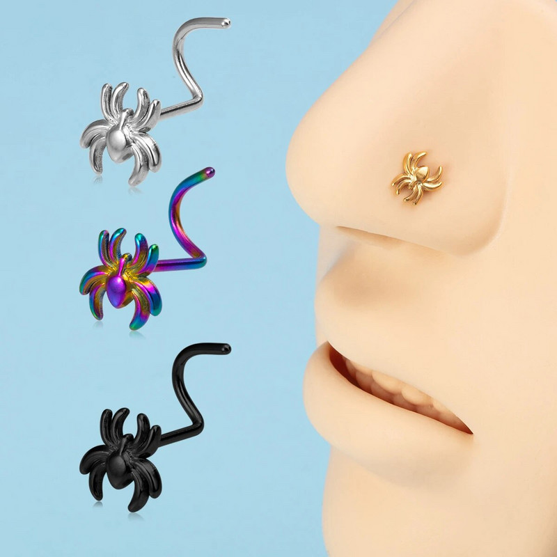1 gab. Spider Nose Studs Deguna pīrsings sievietēm vīriešiem Nerūsējošā tērauda skrūvējams nāsis gredzens Nariz Stud melns punk ķermeņa rotaslietas dāvana 20G