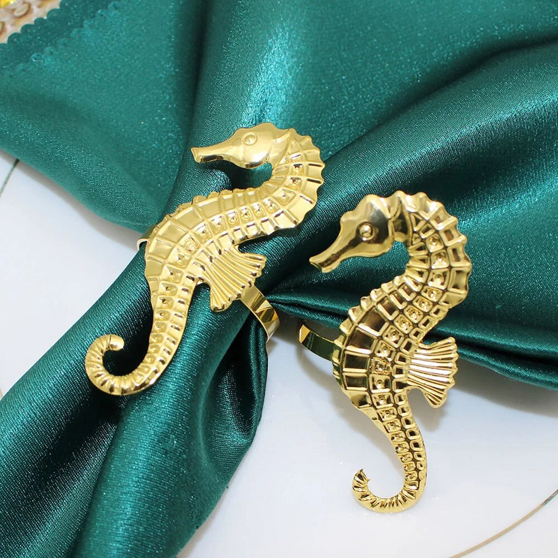 6Gb Zelta salvešu gredzeni Seahorse salvešu gredzenu turētāji ģimenes svētku vakariņām greznām banketu kāzu pusdienu galda dekorācijām