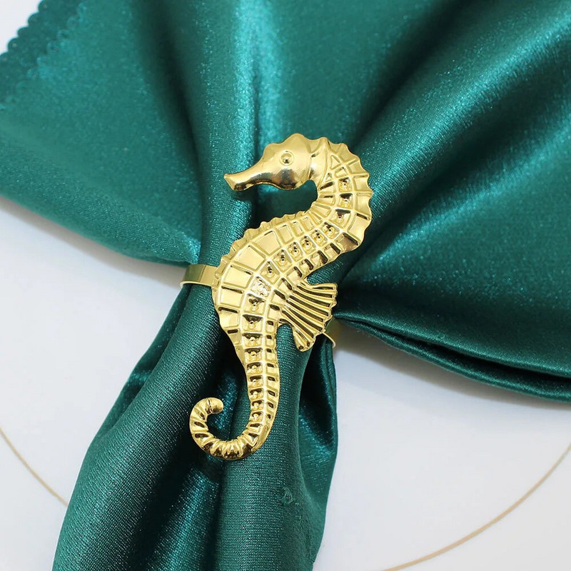 6Gb Zelta salvešu gredzeni Seahorse salvešu gredzenu turētāji ģimenes svētku vakariņām greznām banketu kāzu pusdienu galda dekorācijām