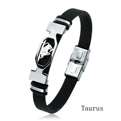 Brățară manșetă din oțel inoxidabil cu 12 constelații Bărbați Femei Semn zodiacal Brățară învelită din piele neagră Bijuterii Pulseras Hombre