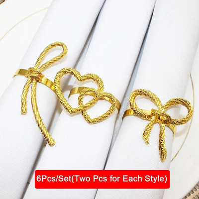 Δαχτυλίδια χαρτοπετσέτας με παπιγιόν 6 τμχ Μεταλλική χρυσή ασημένια θήκη χαρτοπετσέτας για τα Χριστούγεννα των Ευχαριστιών Διακοσμήσεις τραπεζιού για δείπνο γάμου HWM11