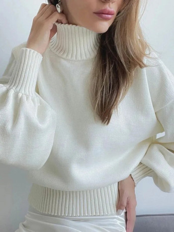 Модни дамски дрехи Есенно-зимни пуловери Водолазка Плетени пуловери с буф ръкав Ежедневни офис дамски трикотажни фланелки Бял Черен