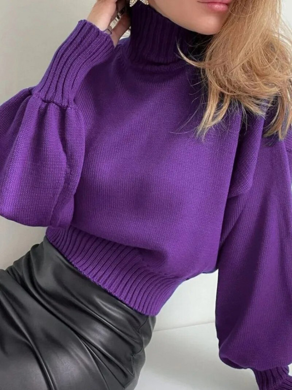 Modes Sieviešu Apģērbi Rudens Ziemas Džemperi Apkaklīti Puff Piedurknes Adījums Puloveri Ikdienas biroja Sieviešu Trikotāžas Svīteri Balts Melns