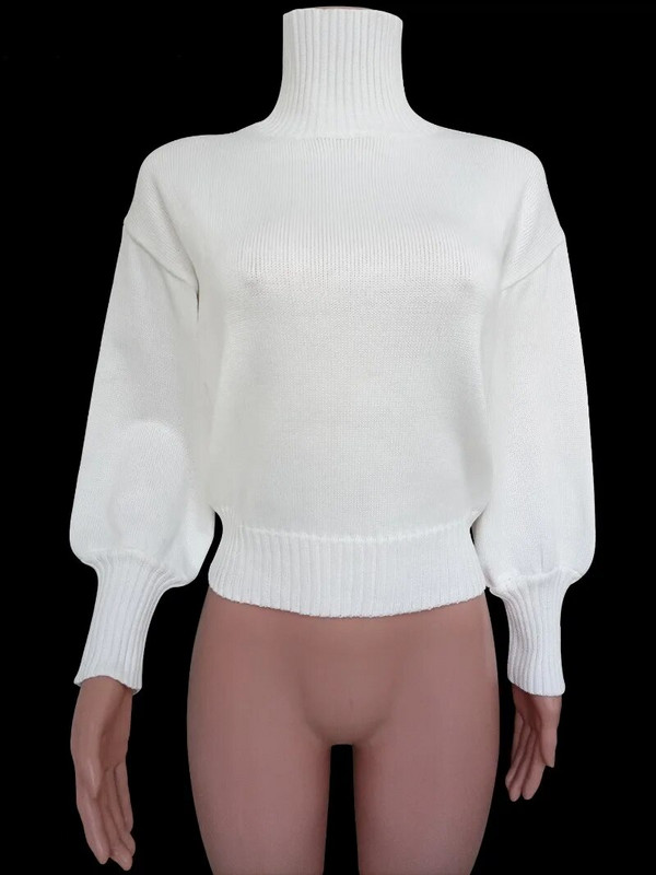 Modes Sieviešu Apģērbi Rudens Ziemas Džemperi Apkaklīti Puff Piedurknes Adījums Puloveri Ikdienas biroja Sieviešu Trikotāžas Svīteri Balts Melns