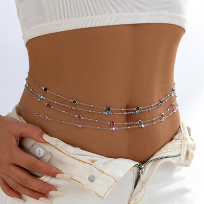 Salircon Минимализъм Сребърен цвят Метална тънка верига Belly Waist Chain Fashion Crystal Glass Summer Women Sexy Bikini Body Jewelry