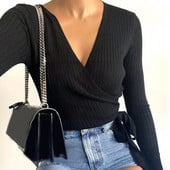 Pulover de femeie tricot subțire cu nervuri Top cu decolteu în V Bluză înfășurată toamnă iarnă cu mânecă lungă bandaj tricotat Top Streetwear