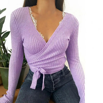 Γυναικείο πουλόβερ Λεπτό πλεκτό τοπ V μπλούζα με λαιμόκοψη Φθινοπωρινό χειμωνιάτικο μακρυμάνικο επίδεσμο πλεκτό τοπ Streetwear