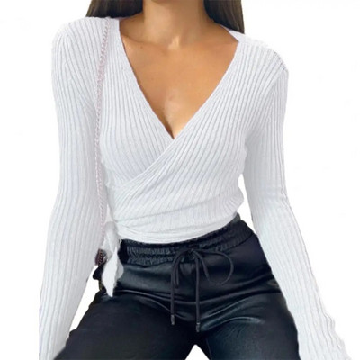 Pulover de femeie tricot subțire cu nervuri Top cu decolteu în V Bluză înfășurată toamnă iarnă cu mânecă lungă bandaj tricotat Top Streetwear