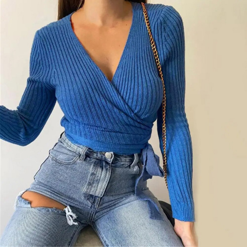 Pulover de femeie tricot subțire cu nervuri Top cu decolteu în V Bluză înfășurată toamnă iarnă cu mânecă lungă bandaj tricotat Top Streetwear