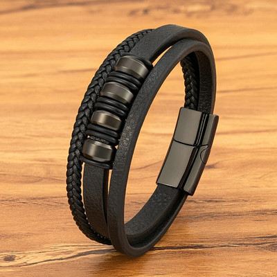 XQNI daudzslāņu vīriešu ādas virves rokassprādze nerūsējošā tērauda krelles šarms modes klasiskās rokassprādzes vīriešiem dzimšanas dienas rotaslietas dāvana