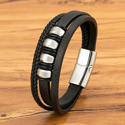 XQNI daudzslāņu vīriešu ādas virves rokassprādze nerūsējošā tērauda krelles šarms modes klasiskās rokassprādzes vīriešiem dzimšanas dienas rotaslietas dāvana