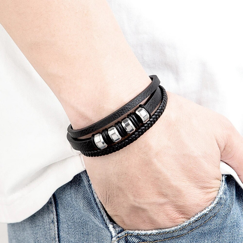 XQNI daudzslāņu vīriešu ādas virves rokassprādze nerūsējošā tērauda krelles šarms modes klasiskās rokassprādzes vīriešiem dzimšanas dienas rotaslietas dāvana