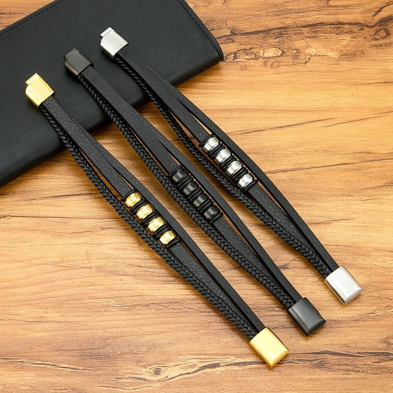 XQNI daudzslāņu vīriešu ādas virves rokassprādze nerūsējošā tērauda krelles šarms modes klasiskās rokassprādzes vīriešiem dzimšanas dienas rotaslietas dāvana