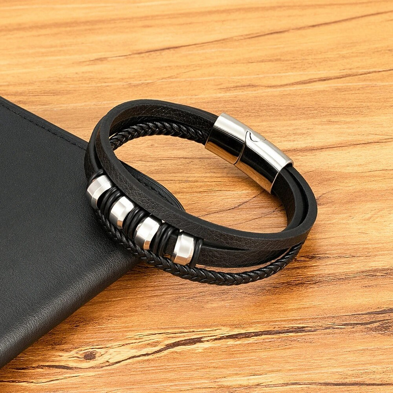 XQNI daudzslāņu vīriešu ādas virves rokassprādze nerūsējošā tērauda krelles šarms modes klasiskās rokassprādzes vīriešiem dzimšanas dienas rotaslietas dāvana