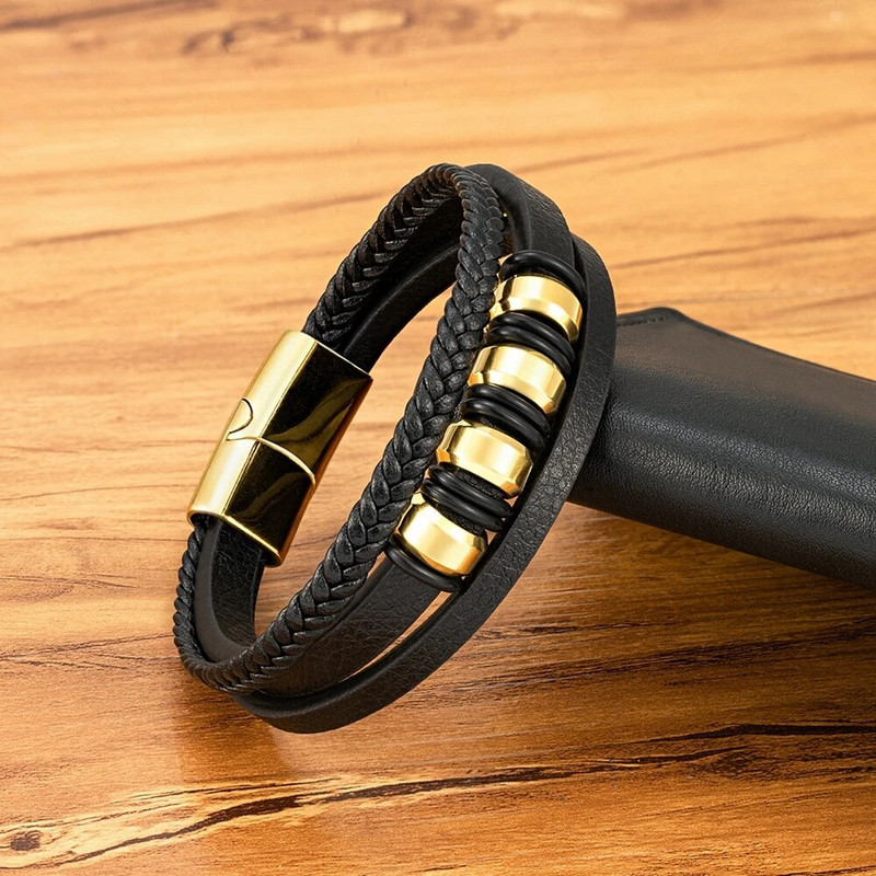 XQNI daudzslāņu vīriešu ādas virves rokassprādze nerūsējošā tērauda krelles šarms modes klasiskās rokassprādzes vīriešiem dzimšanas dienas rotaslietas dāvana