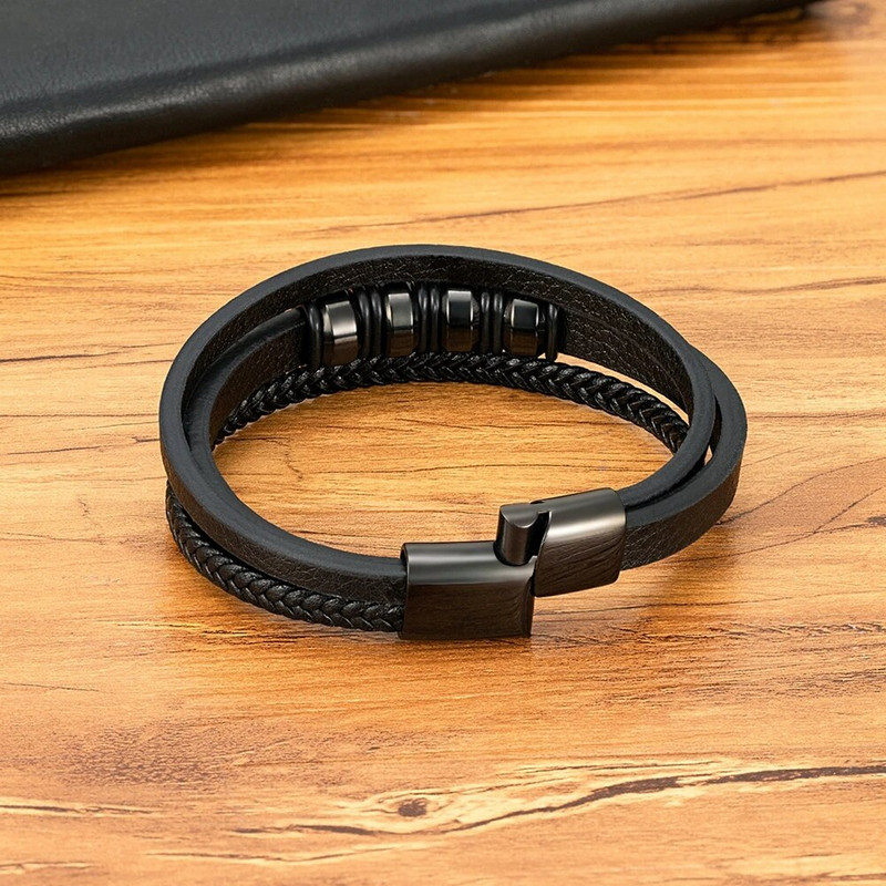 XQNI daudzslāņu vīriešu ādas virves rokassprādze nerūsējošā tērauda krelles šarms modes klasiskās rokassprādzes vīriešiem dzimšanas dienas rotaslietas dāvana