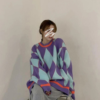 MEXZT Streetwear Пуловер Argyle Дамски извънгабаритни карирани плетени пуловери Винтидж корейски свободен трикотаж Harajuku Ежедневен джъмпер Нов